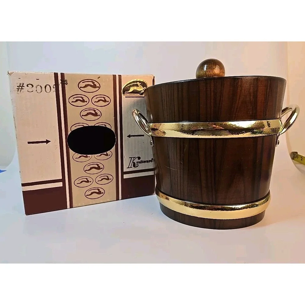 Vintage Kraftware Wood & Metal Barrel Style Ice‎ Bucket 8